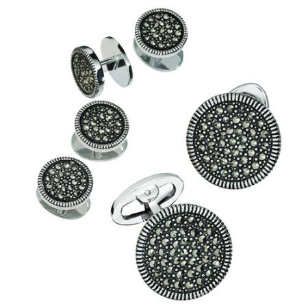 JAN LESLIE ROUND MARCASITE TUXEDO FORMAL SET - CUFF LINKS AND STUDS